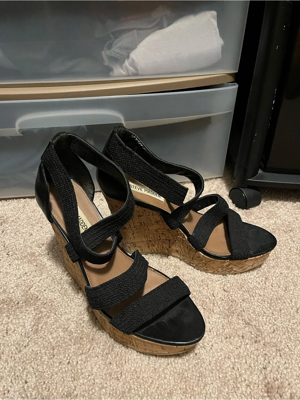 Steve Madden Black Strappy Cork Wedge Sandals